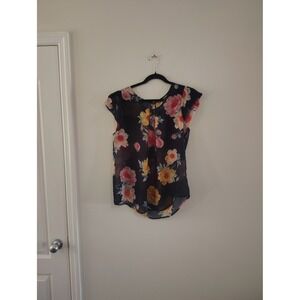 Ups & Downs Floral Chiffon Flutter Sleeve Blouse Navy Blue XL Womens Top